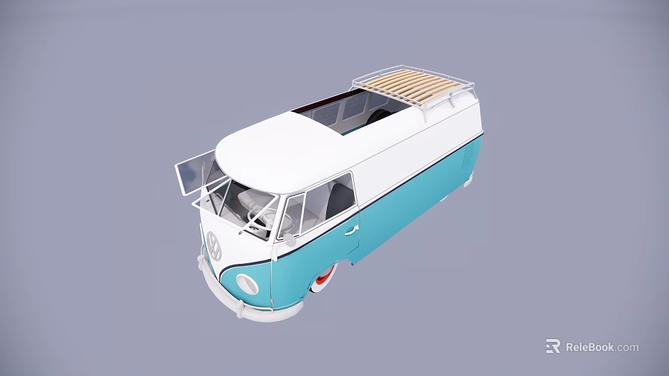 Vintage Volkswagen Van With Blue White Color Wooden Roof Rack And Open Doors 3d model 