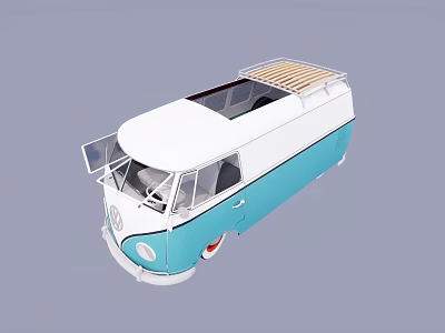Vintage Volkswagen Van With Blue White Color Wooden Roof Rack And Open Doors 3d model