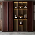 Chinese Style Dark Wood Decorative Cabinet With Layered Shelves Ornaments Lighting And Carved Lattice Panels