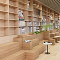 Book Art Themed Reading Space With Wooden Shelves Large Windows And Green Plants