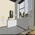 Bright Medical Room Interior With Washbasin Gold Framed Mirror Window Brown Curtains And Sofa