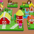 Cartoon Farm Scenes With Windmill Cottages Animals Tractor Barn Pond And Plants