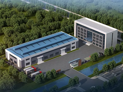 Modern Industrial Factory Building With Blue Roof Surrounded by Green Trees and Water Channel 3d model