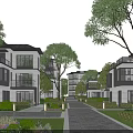 Modern Residential Buildings With Lush Trees Lawns Paved Road Balconies And Street Lamps