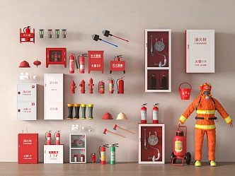 Modern fire fighting equipment fire hydrant fire extinguisher safety exit alarm emergency lighting 3d model