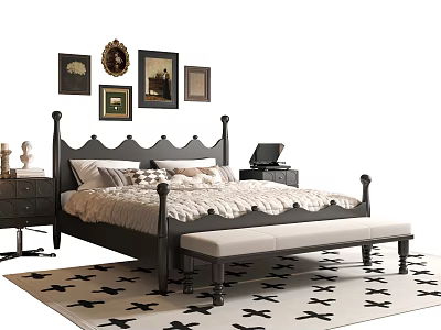 French Double Bed Solid Wooden Bed Master Bedside Cabinet 3d model