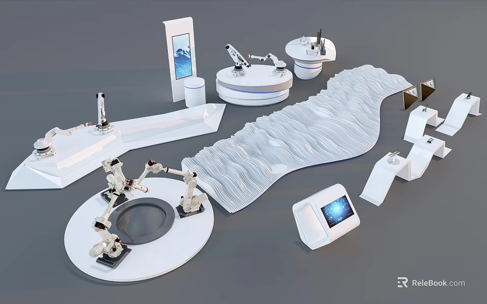 Modern Display Shelves With Sleek White Curved Design And Exhibition Units For Retail 3d model 