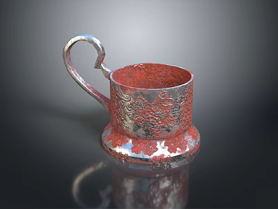 Decorative Metal Cup With Silver Handle Red Interior And Intricate Base Patterns 3d model