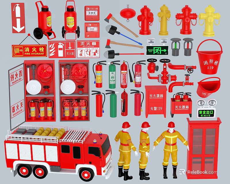 Comprehensive Fire Safety Equipment Collection With Extinguishers Hydrants Axes Hoses Fire Truck And Uniforms 3d model 