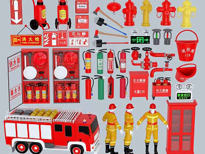 Comprehensive Fire Safety Equipment Collection With Extinguishers Hydrants Axes Hoses Fire Truck And Uniforms 3d model