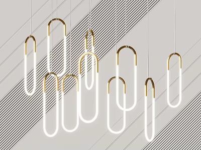Modern Minimalist Pendant Lights With Gold Metal Rings And White Tubes On Geometric Striped Background 3d model