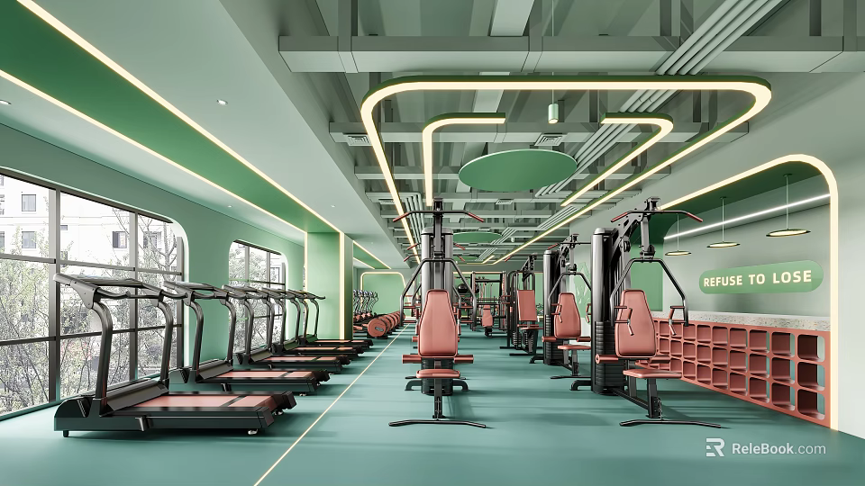 Modern Gym Interior With Green Decor And Various Fitness Equipment 3d model 