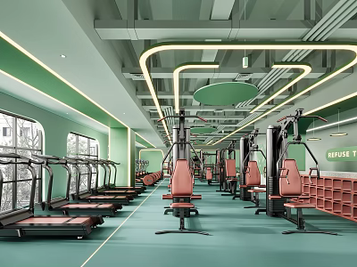 Modern Gym Interior With Green Decor And Various Fitness Equipment 3d model