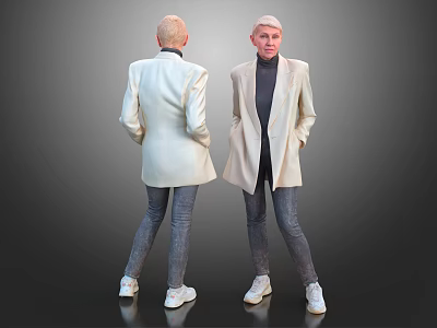 Modern Woman Wearing Light Colored Blazer Dark Turtleneck Jeans and White Shoes 3d model