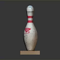 Vintage Bowling Pin With Red White Stripes And Logo On Wooden Base