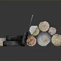 Various Wood Logs and Stone Cylinders with Decorative Rings for Craft Use