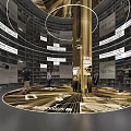 Modern Exhibition Hall With Golden Central Pillar Circular Bookshelves And Radial Floor Design