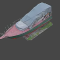 Green and Red Hull Yacht Covered with Tarpaulin on Stands in Grass Area
