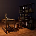 Wooden Desk and Chair Set with Bookshelf Books Globe in Study Room on Wooden Floor