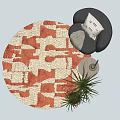 Stylish Living Room With Red And White Geometric Round Area Rug Sofa Pillow And Plants