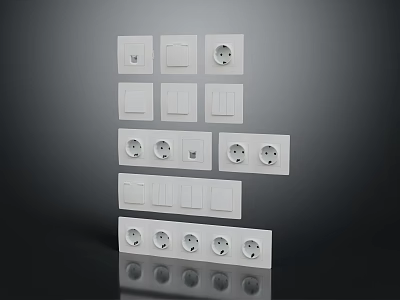White Home Electrical Switch Panels With Various Designs Arranged In Rows 3d model