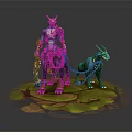 Red And Blue Armored Warrior With Horned Blue Creature On Mossy Green Platform