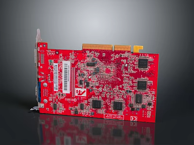 Red Computer Graphics Card PCB Board With Electronic Chips DVI Port And Barcode Label 3d model