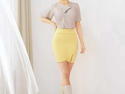 Elegant Woman In Light Gray Top Yellow Skirt And Beige Boots With White Curtains 3d model