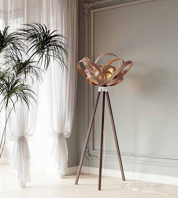 Abstract Floor Lamp in Room With White Curtains and Plants 3d model 