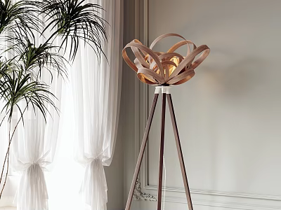 Abstract Floor Lamp in Room With White Curtains and Plants 3d model