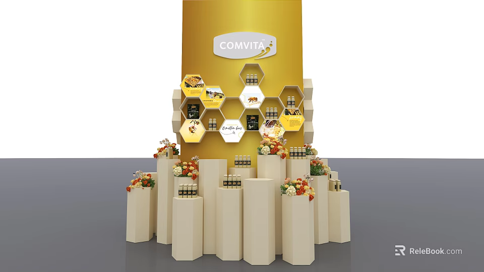 Comvita Product Display With Yellow Background Hexagon Shelves White Pillars And Flower Decorations 3d model 