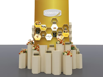 Comvita Product Display With Yellow Background Hexagon Shelves White Pillars And Flower Decorations 3d model