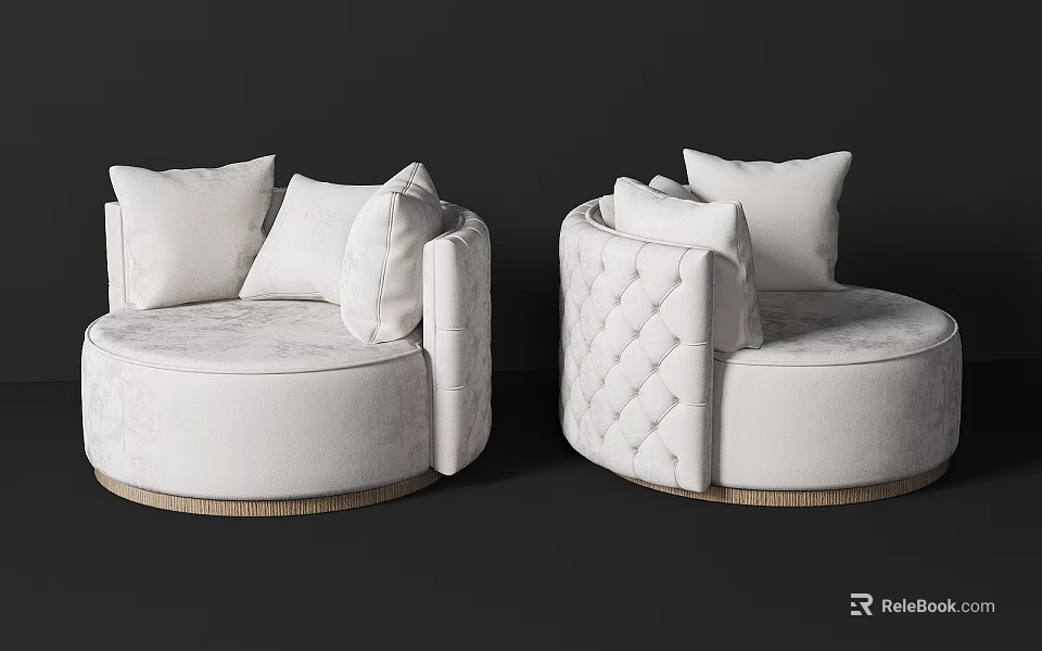 White Round Single Sofa With Quilted Design Pillows And Natural Base 3d model