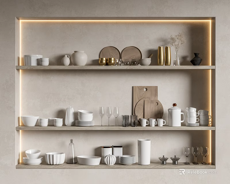 Modern Tableware Collection Display on Open Shelves with White Gold Accents and LED Lighting 3d model 