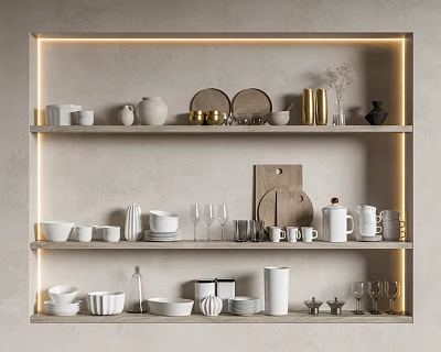 Modern Tableware Collection Display on Open Shelves with White Gold Accents and LED Lighting 3d model