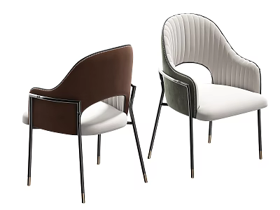 Modern Dining Chairs With Brown And White Velvet Upholstery Armrests And Metal Legs 3d model