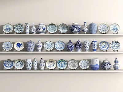 Blue And White Porcelain Ornament Decor Combination With Vases And Plates On Multiple Shelves 3d model