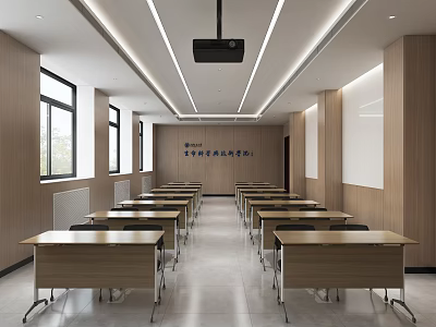 Modern School Classroom With Neatly Arranged Desks Chairs Projector Wooden Walls And Windows 3d model