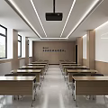 Modern School Classroom With Neatly Arranged Desks Chairs Projector Wooden Walls And Windows