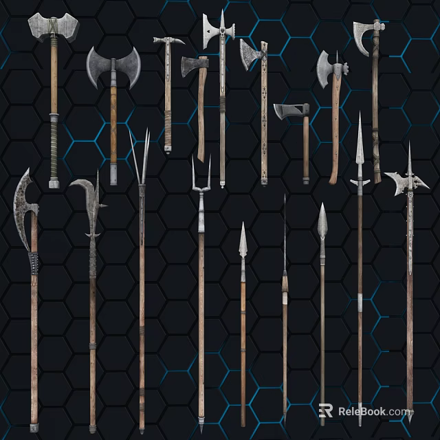 Ancient Medieval Weapons Collection Featuring Axes Spears and Polearms Arranged on Hexagonal Background 3d model