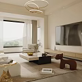 Modern Living Room Interior With Circular Pendant Lights TV Stand Coffee Table And Armchair