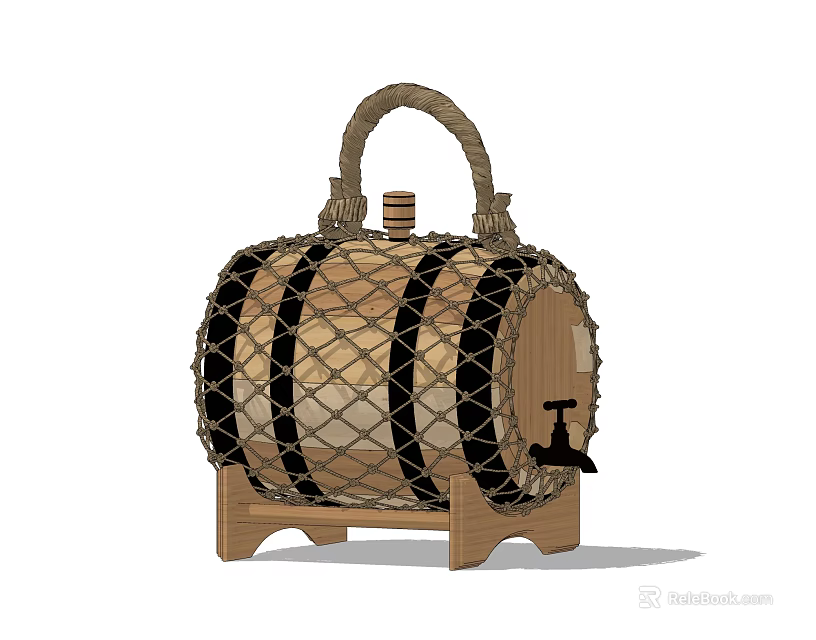 Decorative Wooden Barrel Water Dispenser With Rope Decoration Wooden Stopper And Faucet Stand 3d model 