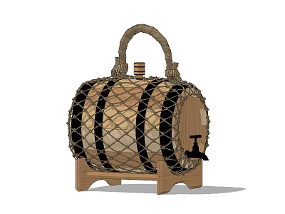 Decorative Wooden Barrel Water Dispenser With Rope Decoration Wooden Stopper And Faucet Stand 3d model