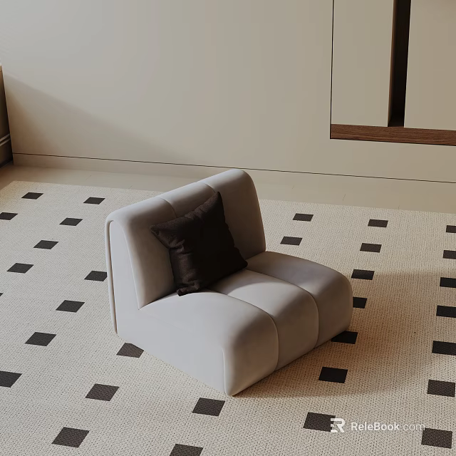 Modern Light Gray Plush Lounge Chair With Dark Pillow On Checkered Tile Floor 3d model 