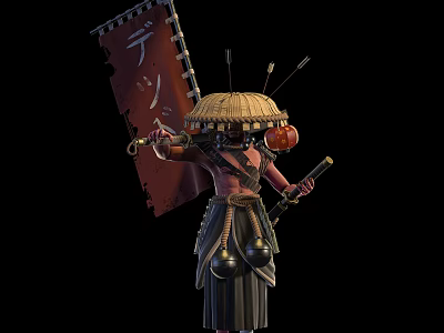 Japanese Samurai Warrior With Red Demon Banner Straw Hat Sword And Bells 3d model