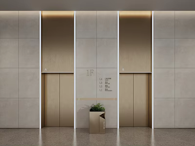 Modern Elevator Lobby With Gold Doors Stone Walls Floor Indicators And Potted Plant 3d model