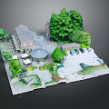 Modern Architectural Model Scene With Buildings Trees Parking Lot And Vehicles
