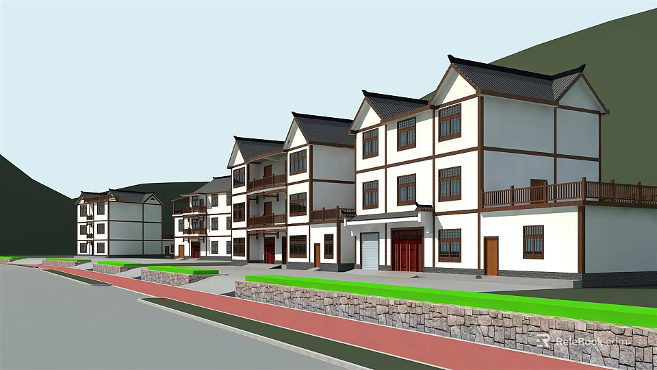 Traditional Chinese Style Detached Villa with Multi Story White Exterior Brown Frames and Mountain View 3d model 