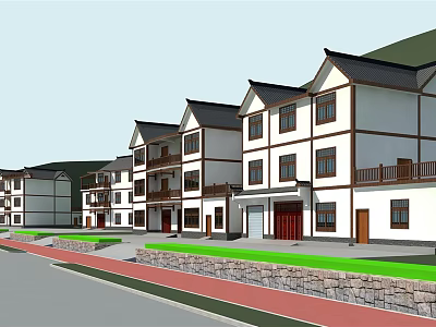 Traditional Chinese Style Detached Villa with Multi Story White Exterior Brown Frames and Mountain View 3d model
