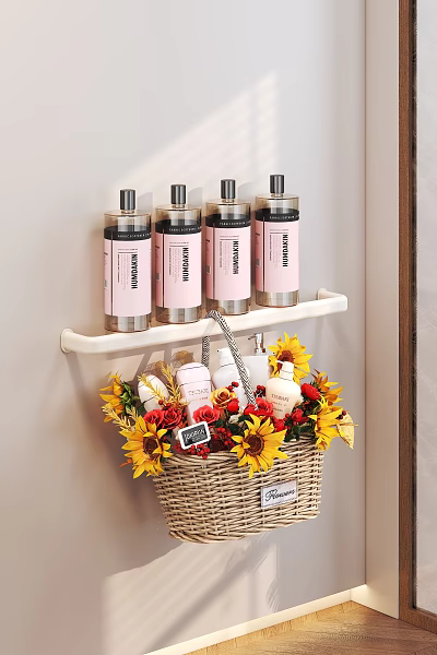 Stylish Bathroom Accessories On White Shelf With Pink Labeled Bottles Woven Basket And Sunflowers 3d model